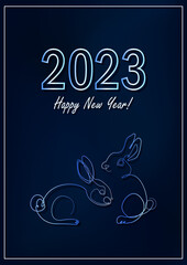 Greeting card with linear rabbits as a symbol of 2023 New Year. Water bunnies as Chinese traditional horoscope sign on dark blue gradient background.  A4 postcard for Christmas holidays. One line art
