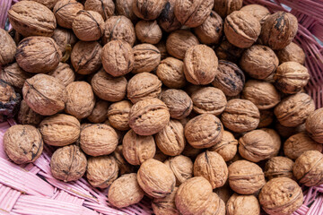 selective focus, freshly harvested organic walnuts. Autum time. Castanea sativa