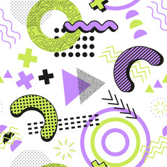Seamless abstract Pattern. Memphis Elements Texture. Green and purple colors.