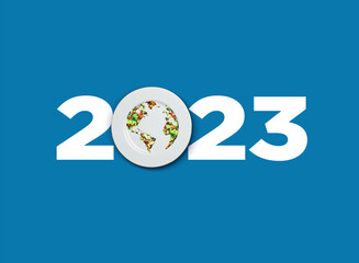2023 food 3d concept. Happy New Year 2023 concept for restaurant or food brand isolated on blue background. 