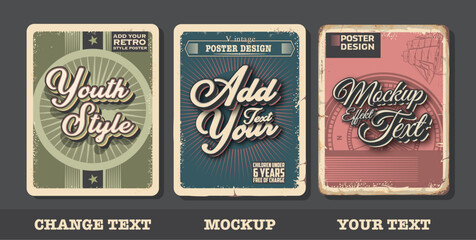 Retro, vintage text effect, Poster set editable 70s and 80s text style, full editable.
