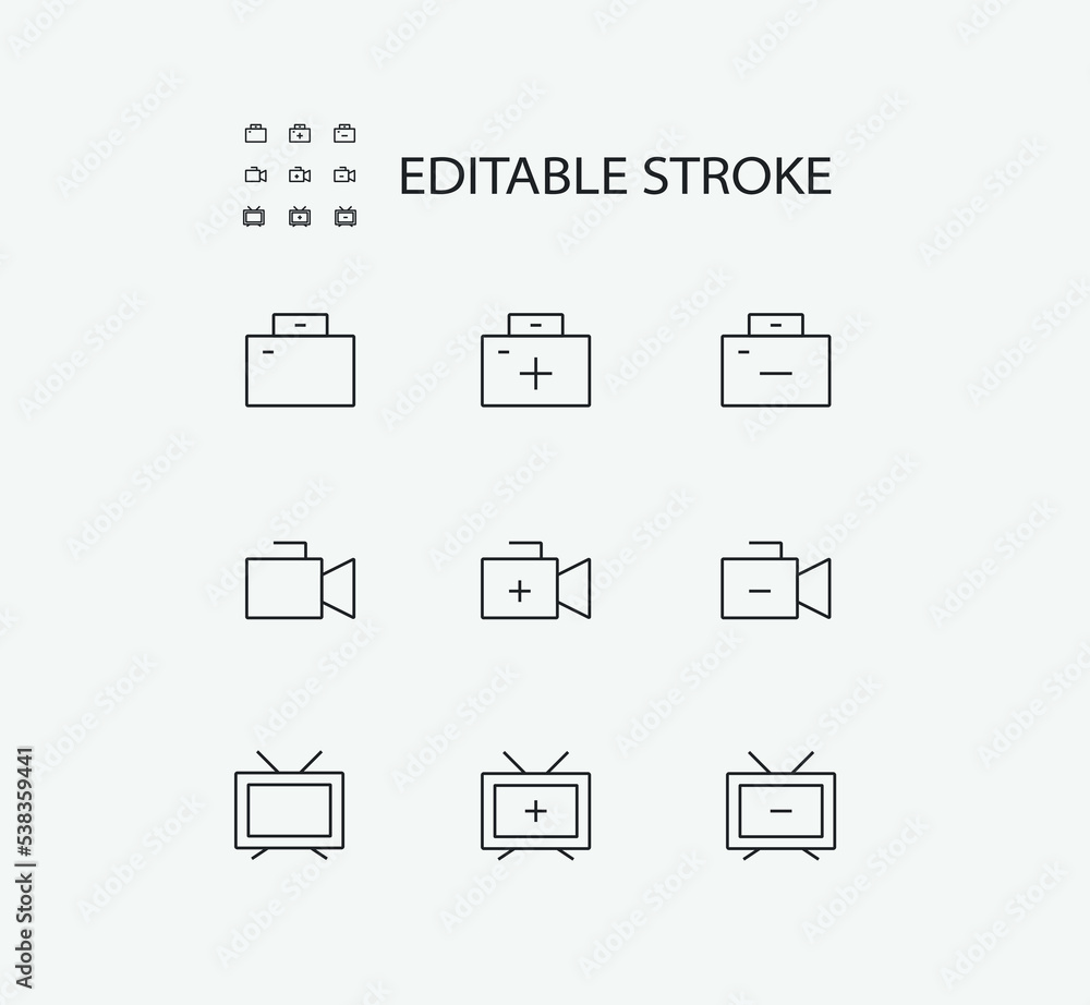 Poster simple set of device related vector line icons. contains such icons as camera and tv and more. edita