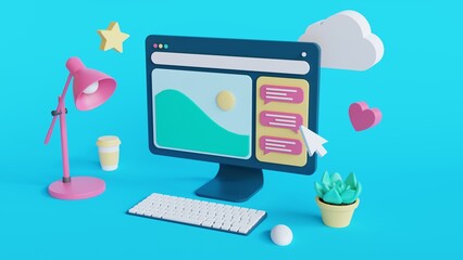 3d model of a workplace with a computer, a lamp, a  succulent and a glass of coffee. Computer graphics.