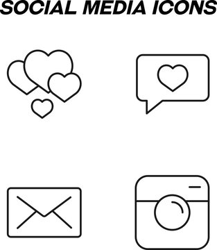 Minimalistic outline signs drawn in flat style. Editable stroke. Vector line icon set with symbols of heart, envelope, photo camera, speech bubble