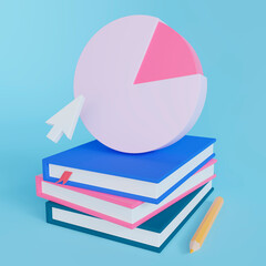 3D diagram stands on a stack of books. There is a pencil next to it. Computer graphics.