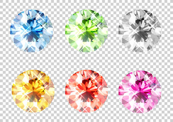 Set of multicolored round gemstones with sparkles on transparent background - colorful diamond collection