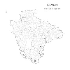 Fototapeta na wymiar Administrative Map of Devon with Counties, Districts and Civil Parishes as of 2022 - United Kingdom, England - Vector Map