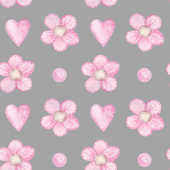 watercolor seamless pattern pink textile flowers on light gray background, for baby textiles and goods, cute valentine's day background, wrapping paper, scrapbook