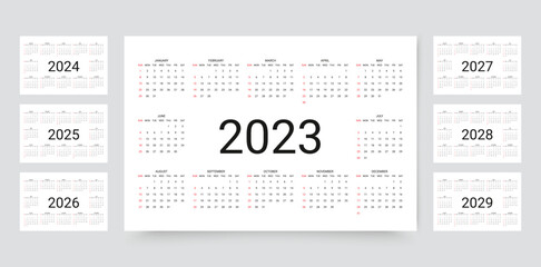 Calendar for 2023, 2024, 2025, 2026, 2027, 2028, 2029 years. Week starts Sunday. Simple calender layout. Desk planner template with 12 months. Yearly diary. Organizer in English. Vector illustration.