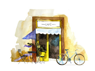 Watercolor illustration of the urban scenic landscape of an old street cafe. 