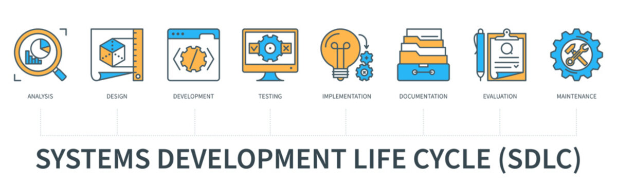 Systems development life cycle concept with icons in minimal flat line style