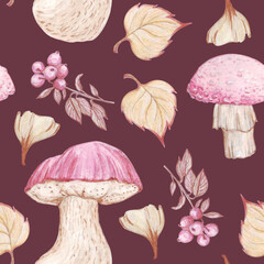seamless watercolor pattern on an autumn theme in delicate pink and beige shades, mushrooms and leaves on a burgundy background, for textiles, wrapping paper, scrapbooking, background for notebook