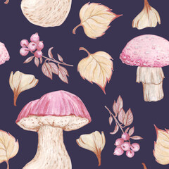 seamless watercolor pattern on an autumn theme in delicate pink and beige shades, mushrooms and leaves on a dark blue background, for textiles, wrapping paper, scrapbooking, background for notebook