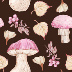 seamless watercolor pattern on an autumn theme in delicate pink and beige shades, mushrooms and leaves on a dark background, for textiles, wrapping paper, scrapbooking, background for notebook covers