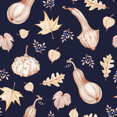 watercolor seamless pattern in beige tones of eco style, dark blue  background with cute pumpkins and leaves, background for textiles, packaging, wallpapers, scrapbooking