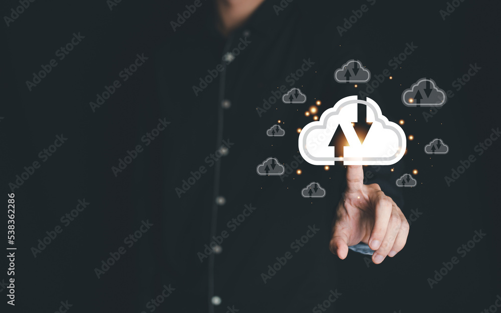 Poster businessman finger touch cloud computing technology concept. internet storage network system. big da