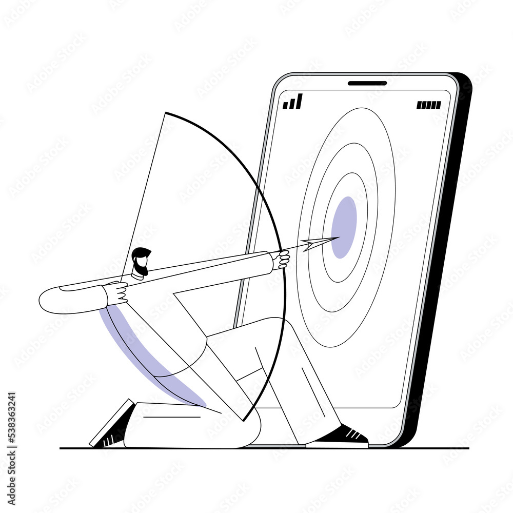 Poster a man with a bow and arrow selects a target in a mobile phone. a metaphor on the topic of target aud