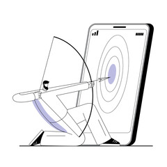 A man with a bow and arrow selects a target in a mobile phone. A metaphor on the topic of target audience selection and sales marketing. Outline vector illustration.