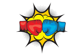 Boxing gloves in tournaments. Boxing championship comic cartoon. Boxing sport white background