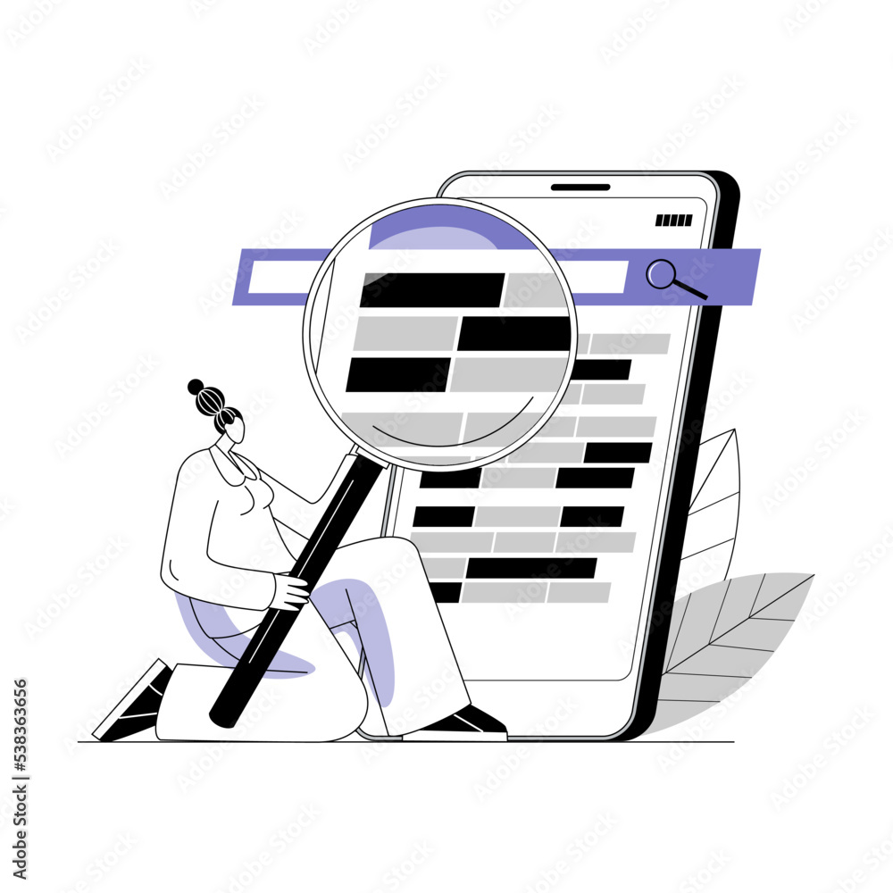 Aufkleber an seo engineer uses a magnifying glass to view and analyze site search results on a smartphone. vec