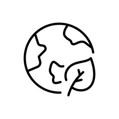 Leaf line icon. Planet with a leaf from a tree, plant, greenery, save the planet. Green peace. Ecology concept. White background. Vector line icon for Business and Advertising