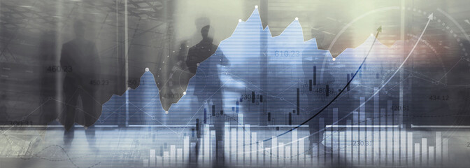 Financial graphs and analytics for investment solution. Double exposure
