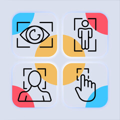 Identification set icon. DNA, rna, face recognition, two factor verification, fingerprint, biometrics, pulse, face ID. Authentication concept. Neomorphism style. Vector line icon