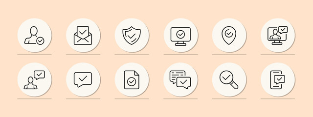 Tick set icon. Checked, done, monitor, pointer, clipboard, confirmed, recommended, advise, search, file, success. Checkmark concept. Pastel color background. Vector line icon