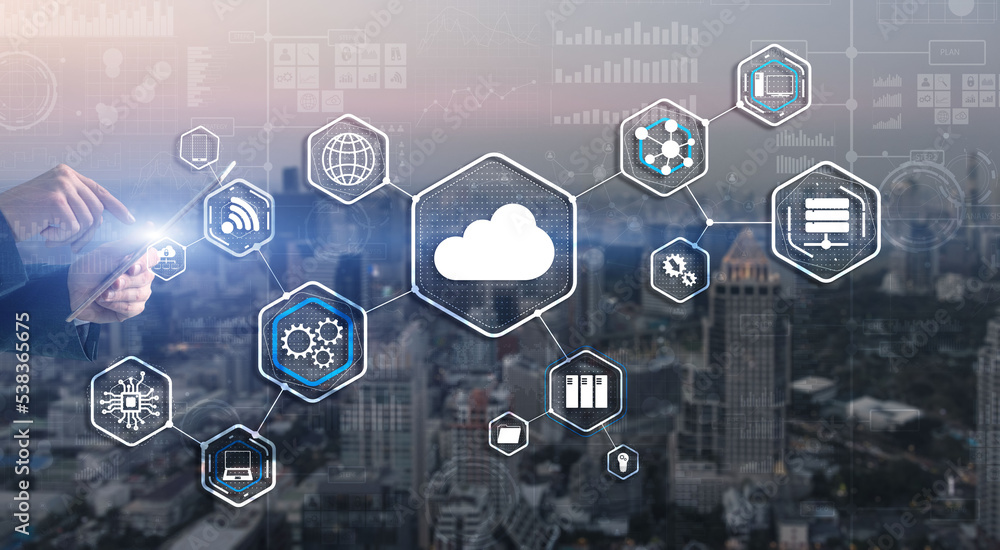 Aufkleber man clicks icon cloud computing technology internet storage network concept