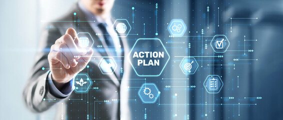 Businessman clicks action plan. Algorithm and strategy development business.