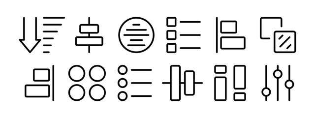 Button menu set icon. Arrows, tiles, apps, shapes, list, sorting, charts, circles, sliders, checkmark, cross, regulator. Applications concept. Vector black set icon on a white background