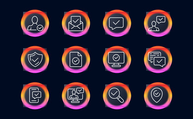 Tick set icon. Checked, done, monitor, pointer, clipboard, confirmed, sent, delivered, recommended, mail, advise, file, success. Checkmark concept. Glassmorphism style. Vector line icon