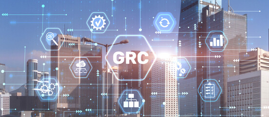 GRC Governance Risk and Compliance concept on city background - obrazy, fototapety, plakaty