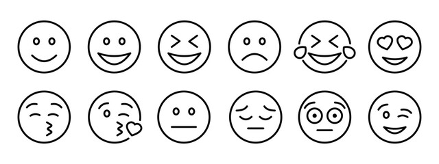 Emoticons set icon. Laugh, love, cry, tears, sad, wink, kiss, heart shaped eyes, shocked, angry, show tongue. Online communication concept. Vector black set icon on a white background