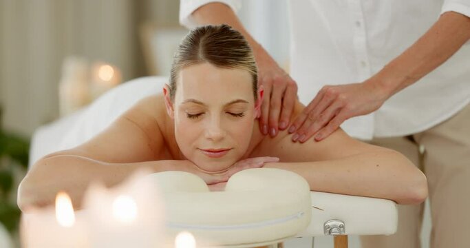 Spa, relax woman and body massage from masseuse hands for mindset wellness help, calm peace and zen stress relief. Luxury healthcare support, chakra energy healing and client customer in beauty salon