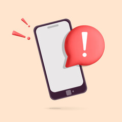 3d vector cartoon render  red round alert danger message or error, attention, spam, insecure, virus sign design. Important push notice reminder on smartphone screen with exclamation sign.