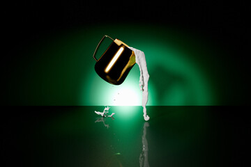 Steamed milk poured from gold jug. Spilling on studio floor. Digitally generated image