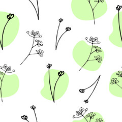 Print. VeVector seamless pattern of grass and flowers light green