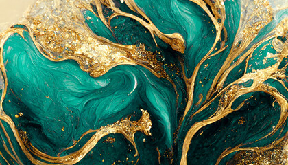 Spectacular realistic abstract backdrop of a whirlpool of teal and gold. Digital art 3D illustration. Mable with liquid texture like turbulent waves background.