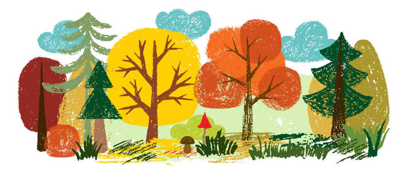 Autumn forest, park illustration. Vector trees, grass, mushrooms. Hand drawn textured fall objects. Cute, cartoon colorful style.