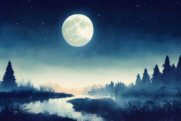 Fototapeta na wymiar Full moon shines over a fantasy forest.