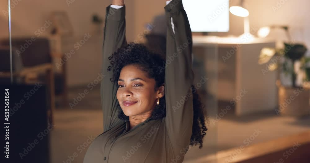 Poster relax, office and woman with hands behind her head leaning in chair while working on computer. succe