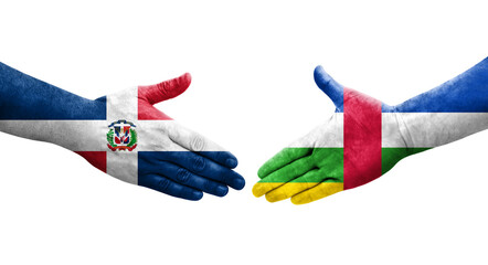 Handshake between Central African Republic and Dominican Republic flags painted on hands, isolated transparent image.