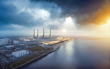 Kraftwerk Gas Öl Kohle Umweltverschmutzung Explosion Notfall Energiekriese Wirtschaft Lebensqualität Illustration 3D Render AI Digital - obrazy, fototapety, plakaty