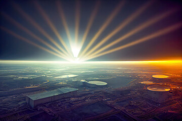 Kraftwerk Gas Öl Kohle Umweltverschmutzung Explosion Notfall Energiekriese Wirtschaft Lebensqualität Illustration 3D Render AI Digital