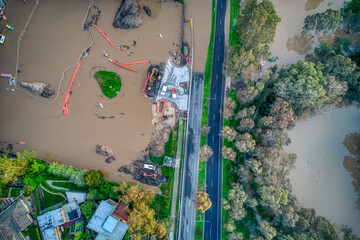 Aerial view of Bulleen Road in Bulleen,  Melbourne, during floods on 15 October 2022. Victoria, Australia.