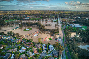 Aerial view of Bulleen Road in Bulleen,  Melbourne, during floods on 15 October 2022. Victoria, Australia.