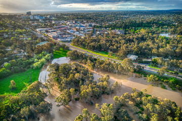 Fototapeta na wymiar Aerial view of the Yarra Flats fooodplain in Heidelberg, Melbourne, during floods on 15 October 2022. Victoria, Australia.