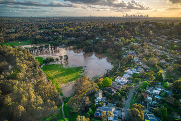 Aerial view of the Yarra Flats fooodplain in Bulleen,  Melbourne, during floods on 15 October 2022. Victoria, Australia.