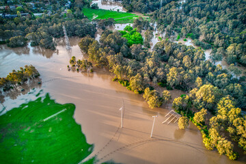 Aerial view of the Yarra Flats fooodplain in Bulleen,  Melbourne, during floods on 15 October 2022....